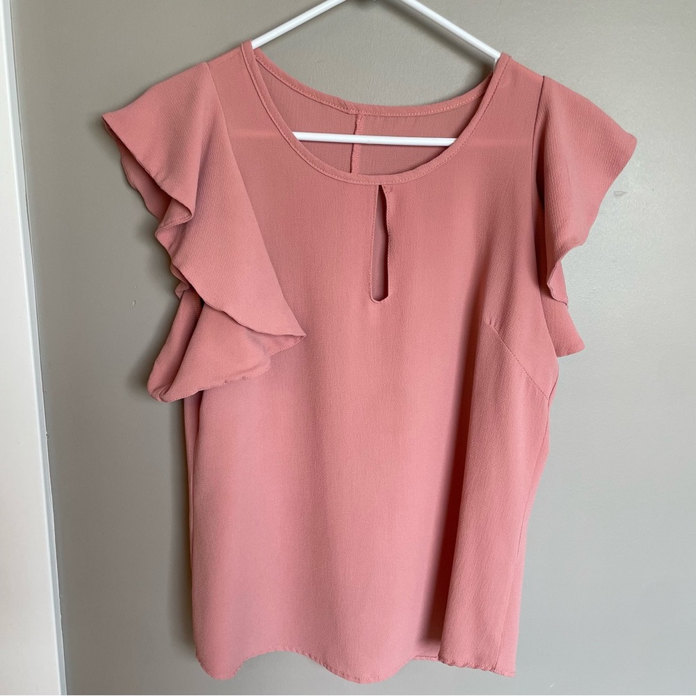 Pink Flutter Sleeve Ruffled Blouse